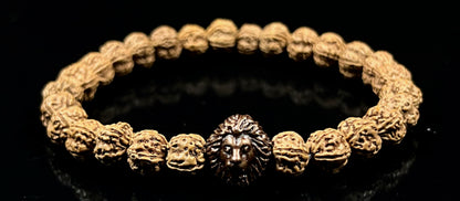 Unleash Inner Strength & Grounding: Handmade 5 Mukhi Rudraksha & Bronze Polished Lion Head Bracelet (8mm) - Root Chakra & Universal Birthstone