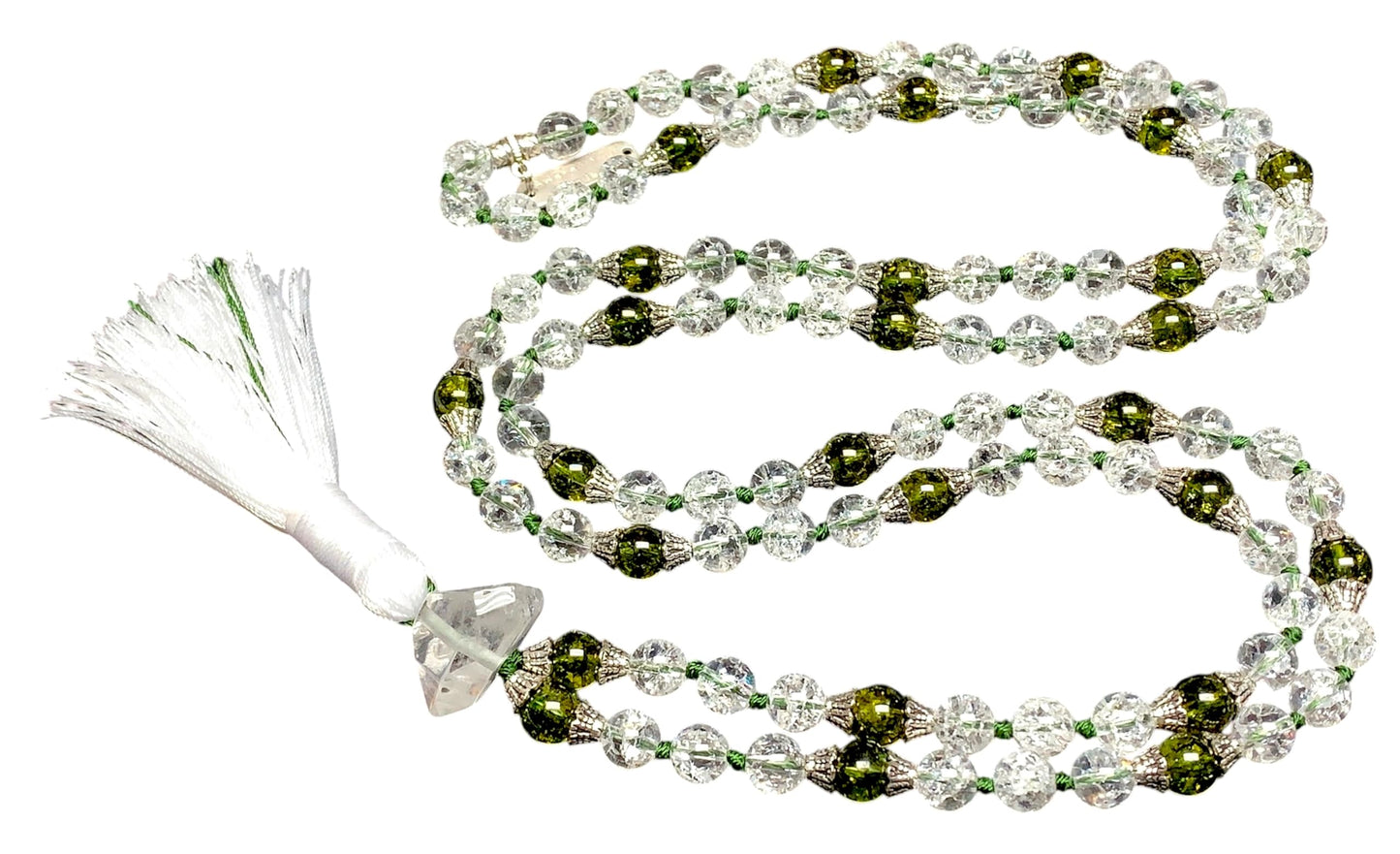 Himalayan Nirvana Mala Beaded Necklace – 8mm Ice Quartz & Peridot Beads | 8mm 108 Beads | Crown & Heart Chakras | August Birthstone Energy | Ethically Sourced