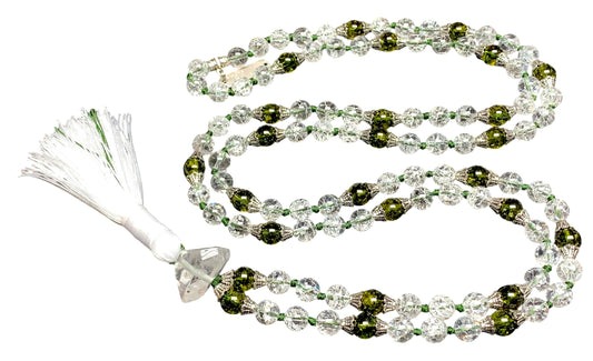 Himalayan Nirvana Mala Beaded Necklace – 8mm Ice Quartz & Peridot Beads | 8mm 108 Beads | Crown & Heart Chakras | August Birthstone Energy | Ethically Sourced