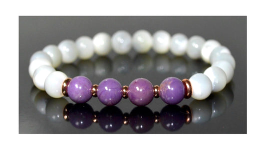 Moonstone & Phosphosiderite Stretch Bracelet - Cancer & Sagittarius Birthstone - Crown & Heart Chakra