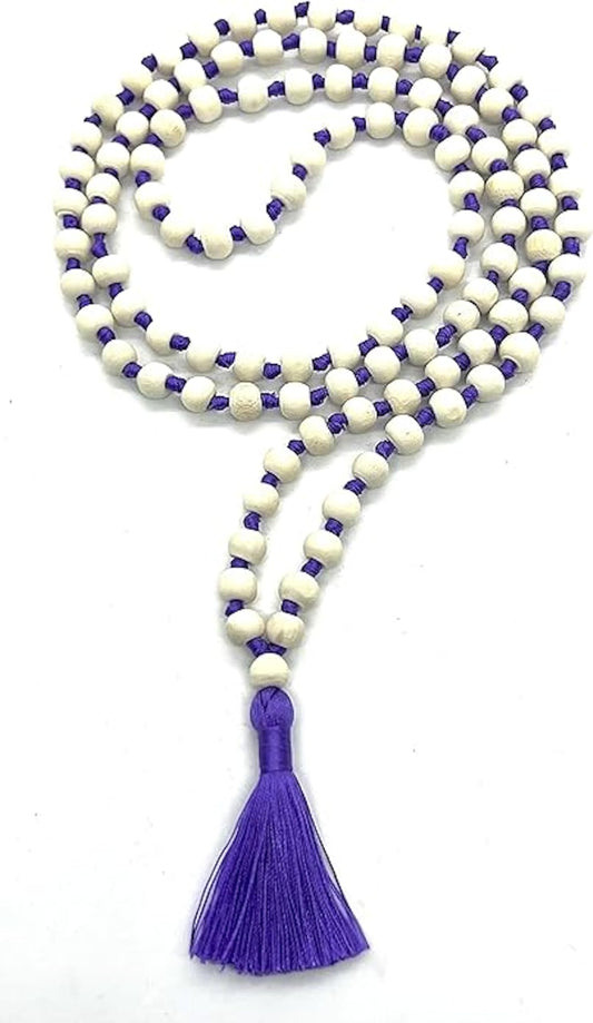 Tulsi Mala Beaded Necklace - Hand Knotted Tulasi Beads - 7 Chakra Mala (Purple String)