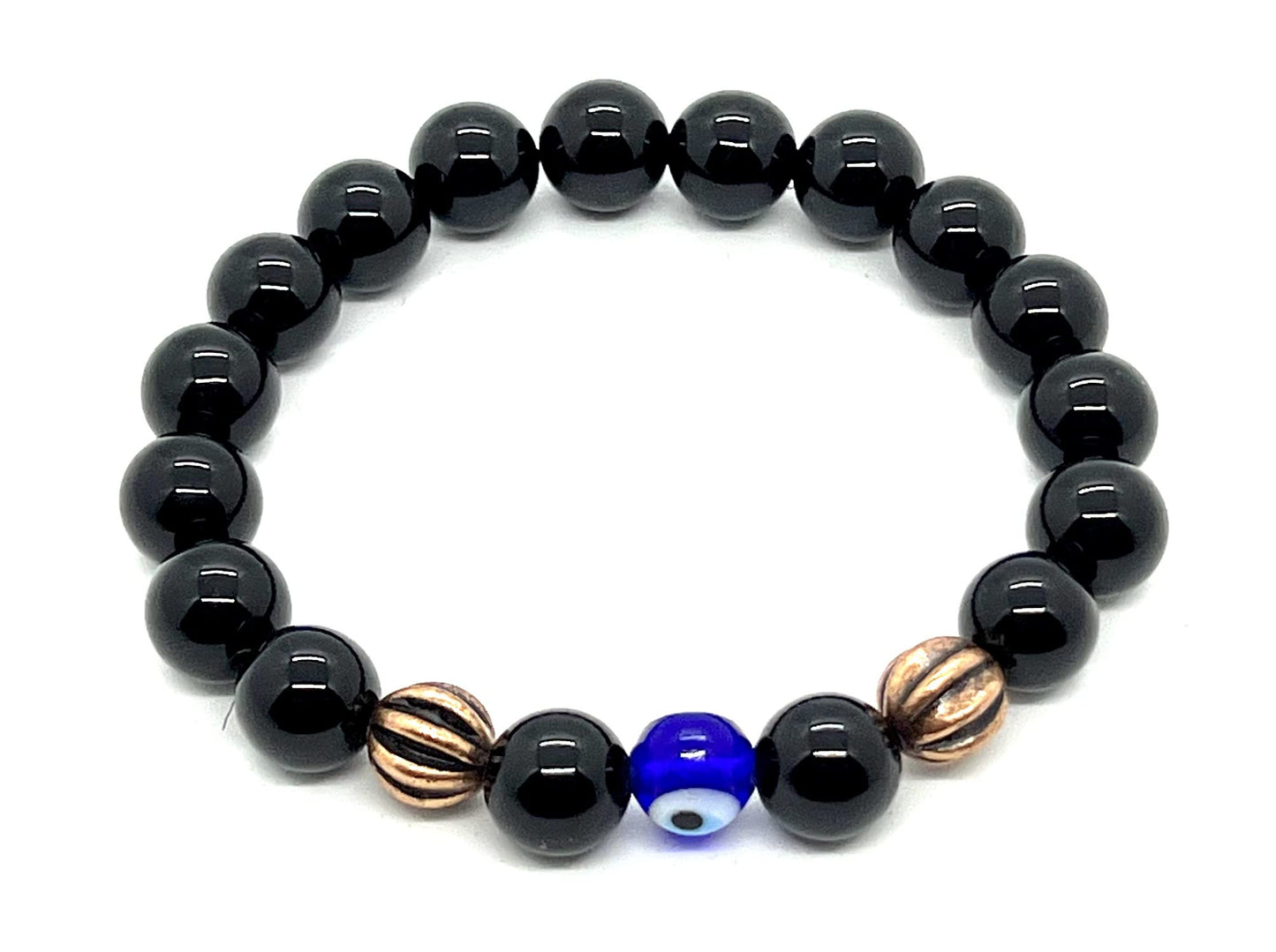 Evil eye Black Onyx bracelet Protective mala beads healing crystal wrist stretch Bracelet 10mm Root Chakra beads Copper healing Bracelet w/copper alloy spacers, Repels negativity