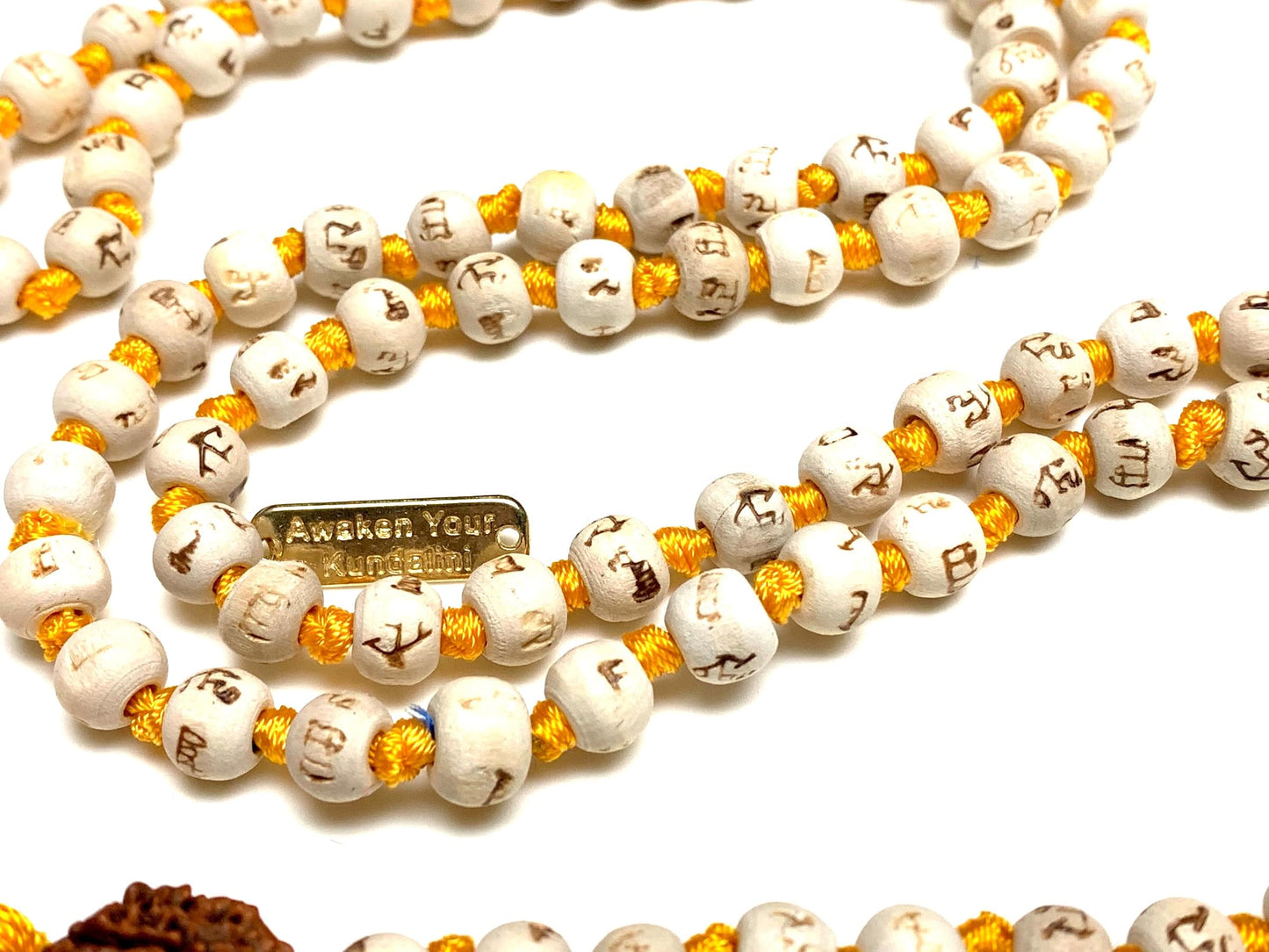 Tulsi Mala Beads Necklace w/ 5 Mukhi Rudraksha – 8mm Beads with "Ram" Inscription – Root Chakra & Aries Birthstone – Meditation Jewelry