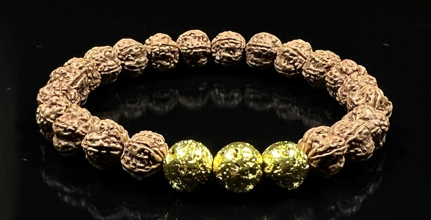 VULCAN Rudraksha & Lava Bracelet | Gold-Plated Stretch | 8mm Beads