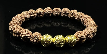 VULCAN Rudraksha & Lava Bracelet | Gold-Plated Stretch | 8mm Beads