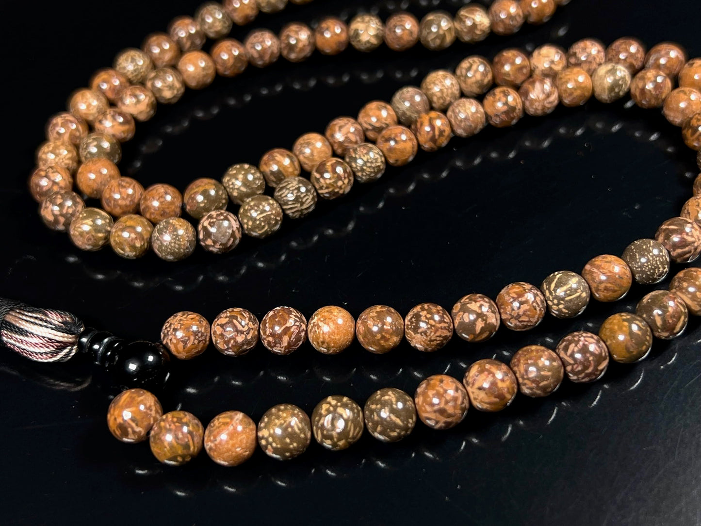 Handmade Natural Coquina Jasper Mala Beads Necklace – 8mm, 108 Beads – Root & Sacral Chakra, Aries & Scorpio Birthstone