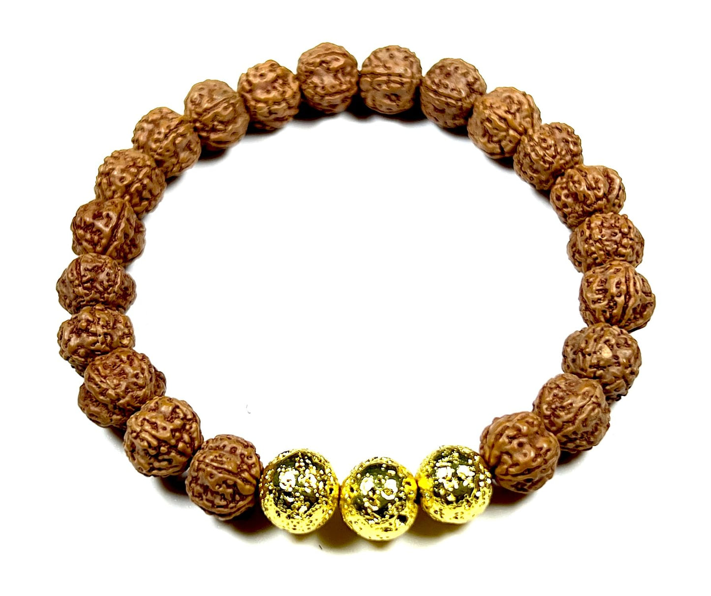 VULCAN Rudraksha & Lava Bracelet | Gold-Plated Stretch | 8mm Beads