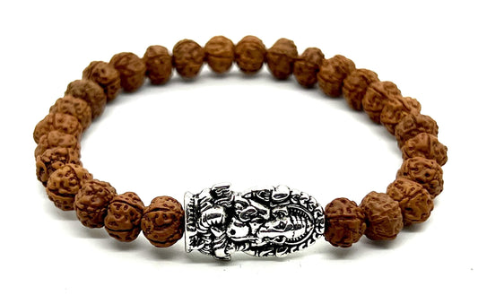 Rudraksha Beads Stretchable Bracelet - 8mm Real Chikna Rudraksh Beads - w/God Ganesha Ganesh Ganpati - Wrist Size 7.5 Inches