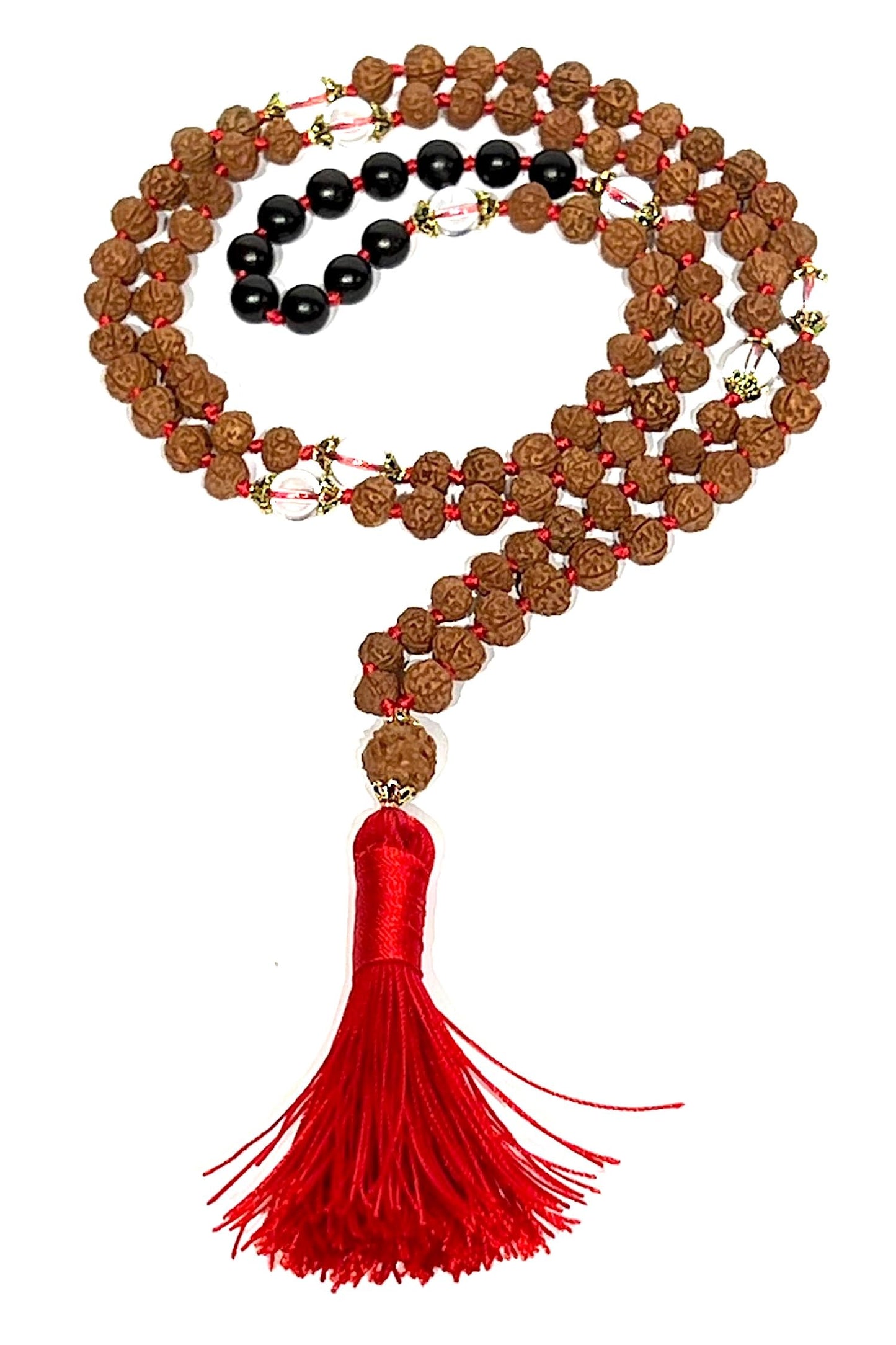 Black Tourmaline, Crystal Quartz & 5 Mukhi Rudraksha Mala Necklace (8mm Beads) - Universal Protection, Purification, and Inner Peace