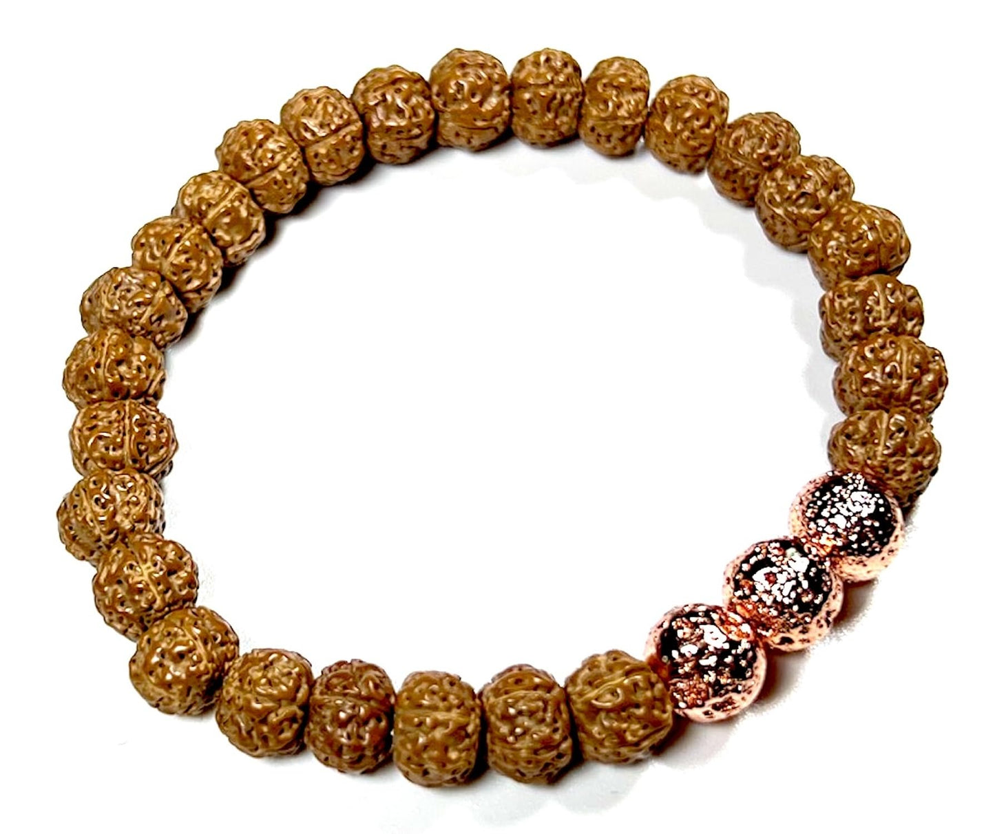 Handmade 5 Mukhi Chikna Rudraksha & Rose Gold Lava Bead Bracelet - Root Chakra Balance & Universal Birthstone - Strength & Harmony