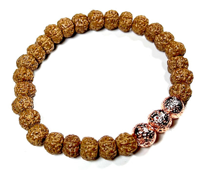 Handmade 5 Mukhi Chikna Rudraksha & Rose Gold Lava Bead Bracelet - Root Chakra Balance & Universal Birthstone - Strength & Harmony