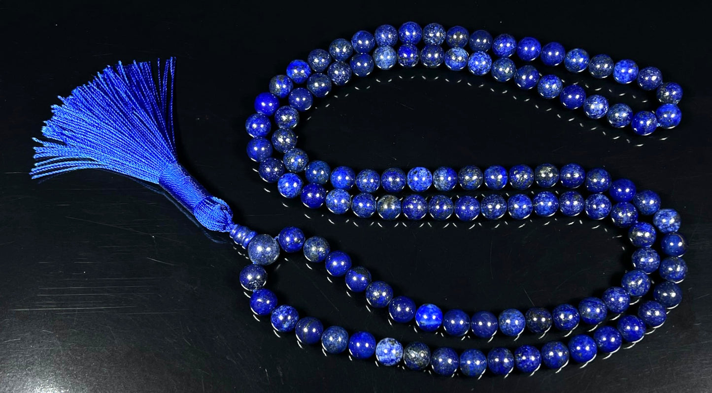 Crystal Mala Beads Necklace Reiki Healing Gem Stones Blessed & Energized Handmade 108 Buddhist Prayer Beads Buddha Beaded Necklaces Yoga Meditation Jewelry - w/ Velvet Pouch ( Lapis Lazuli, 8 mm )