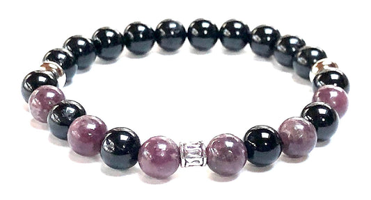 VESTA Black Tourmaline & Lepidolite Stretch Bracelet | Grounding & Emotional Balance | Root & Crown Chakra Healing | Handmade Crystal Jewelry | Unisex 8mm Beads