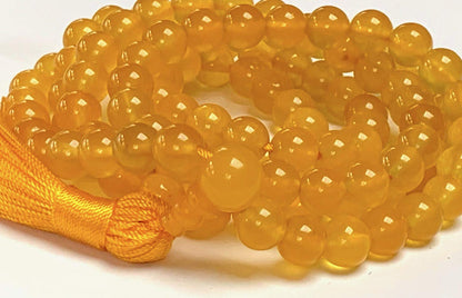 Awaken Your Kundalini Crystals Mala Beads Necklace Reiki Healing Stones Blessed & Energized Handmade 108 Buddhist Prayer Beads - Comes w/Velvet Pouch (Yellow Agate or Onyx, 8 mm)