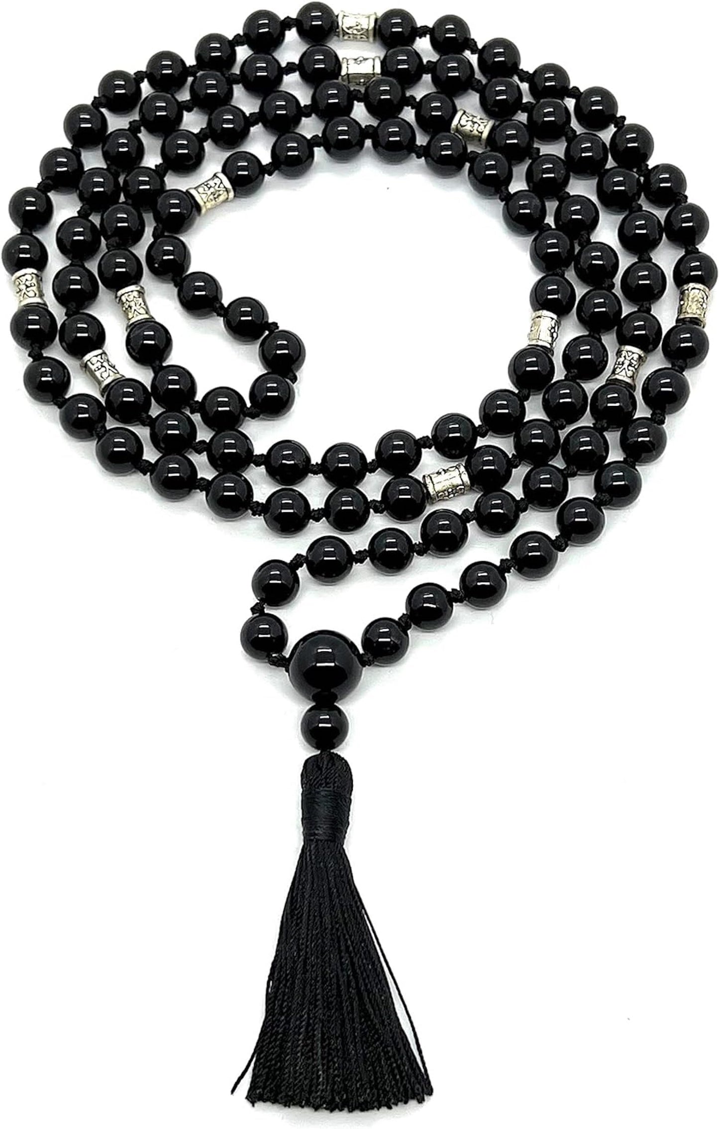 Hand-knotted Black Onyx Mala Necklace (8mm 108 Beads) with Zinc Alloy Spacers - Capricorn and Leo Birthstone Crystals