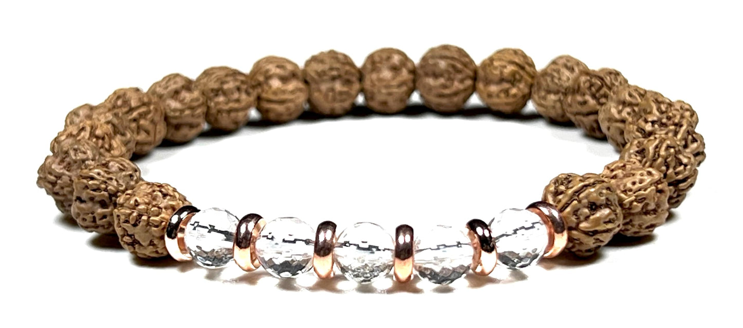 5 Mukhi Chikna Rudraksha Bracelet with Crystal Quartz | Stretch Beads for Balance & Clarity