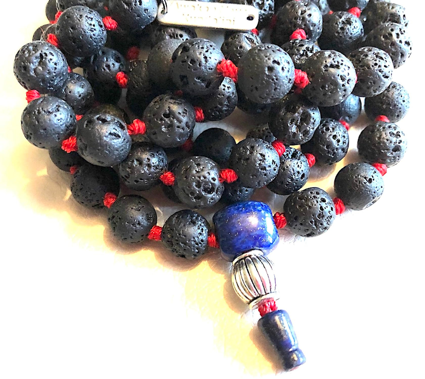 VULCAN Lava Mala Necklace with Lapis Guru Bead | Hand-Knotted 108 Beads