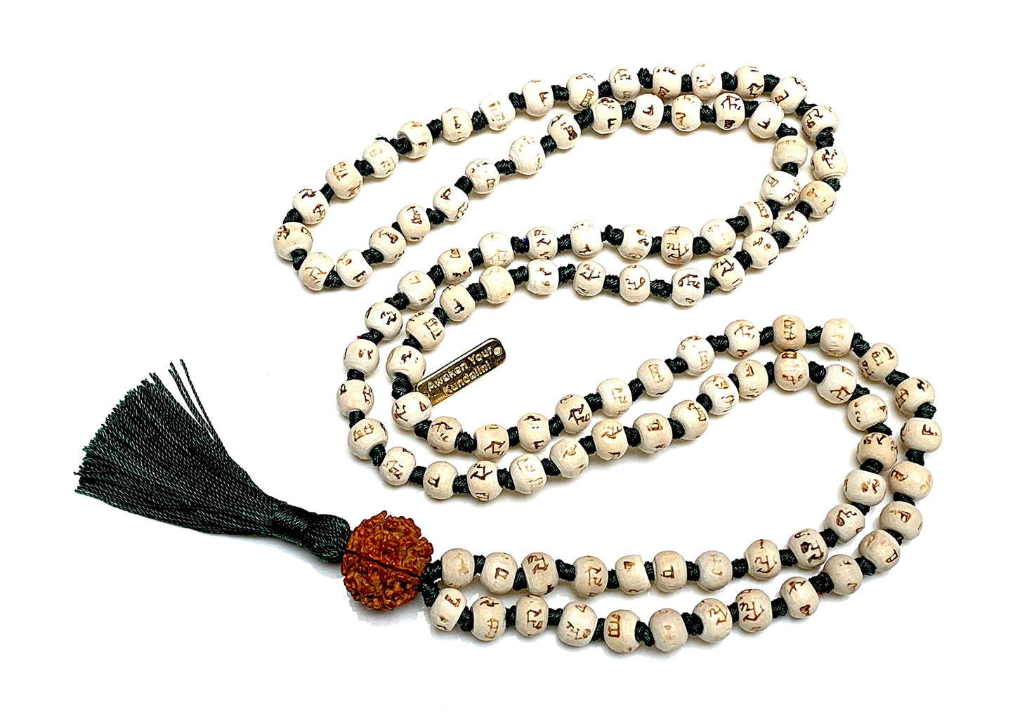 AWAKEN YOUR KUNDALINI Spiritual Harmony Tulsi Mala Necklace with Rudraksha Guru Bead, Cancer Sun Sign, Heart & Sacral Chakra Balance, Green String