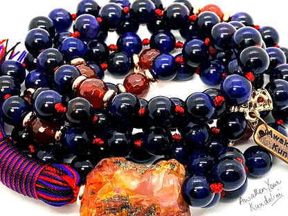 Hand Knotted Royal Vision Mala – Purple Tiger’s Eye with Faceted Carnelian Markers | 8mm 108 Beads | Third Eye & Sacral Chakras | July Birthstone Energy | Ethically Sourced