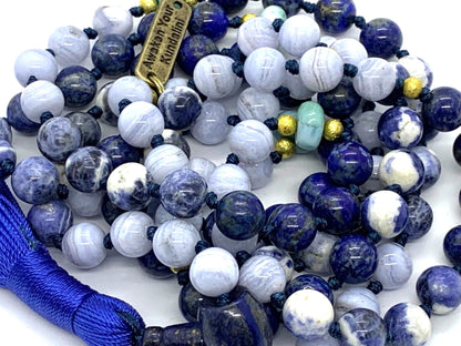 Hand Knotted Oceanic Wisdom Mala Necklace – Lapis Lazuli, Sodalite, Blue Lace Agate & Amazonite | 8mm 108 Beads | September & December Birthstones | Throat & Third Eye Chakras | Ethically Sourced