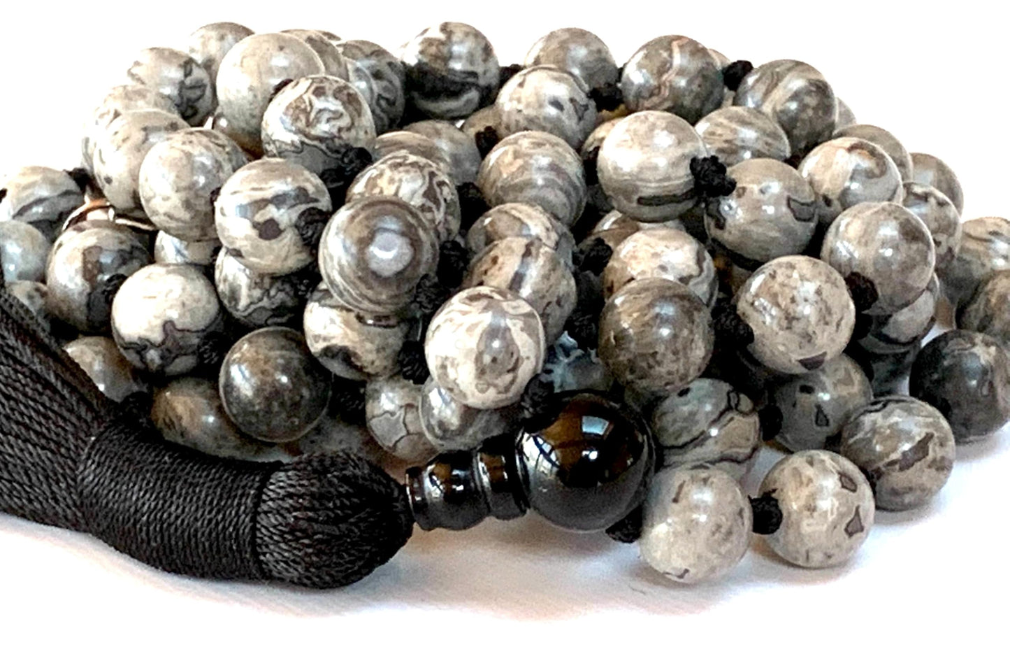 Hand Knotted Scenic Jasper Mala Beads Necklace with Black Onyx Guru Bead – 108 Beads – 6mm & 8mm – Root Chakra & Aries Birthstone – Spiritual Meditation Jewelry