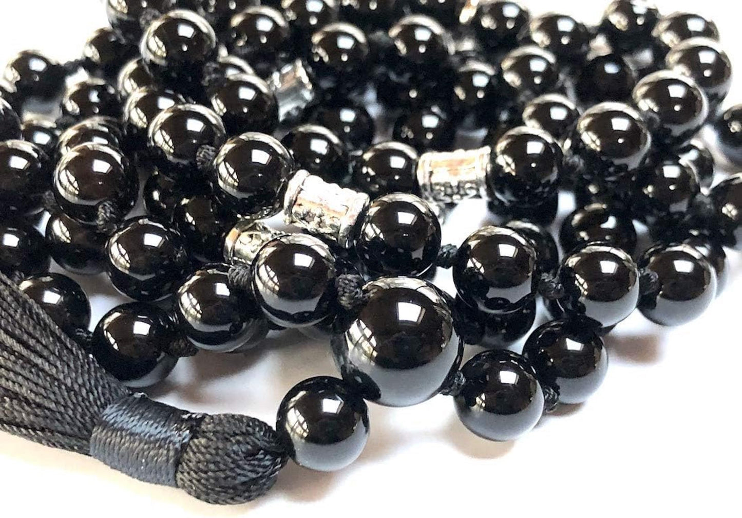 Hand-knotted Black Onyx Mala Necklace (8mm 108 Beads) with Zinc Alloy Spacers - Capricorn and Leo Birthstone Crystals
