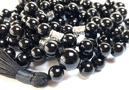 Hand-knotted Black Onyx Mala Necklace (8mm 108 Beads) with Zinc Alloy Spacers - Capricorn and Leo Birthstone Crystals