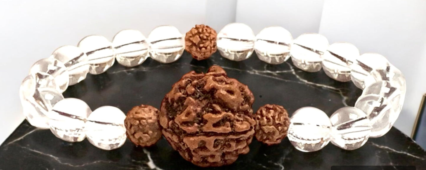 AWAKEN YOUR KUNDALINI Crystal Quartz and 5 Mukhi Rudraksha Stretch Bracelet, Crown Chakra Healing, Clarity and Spiritual Growth