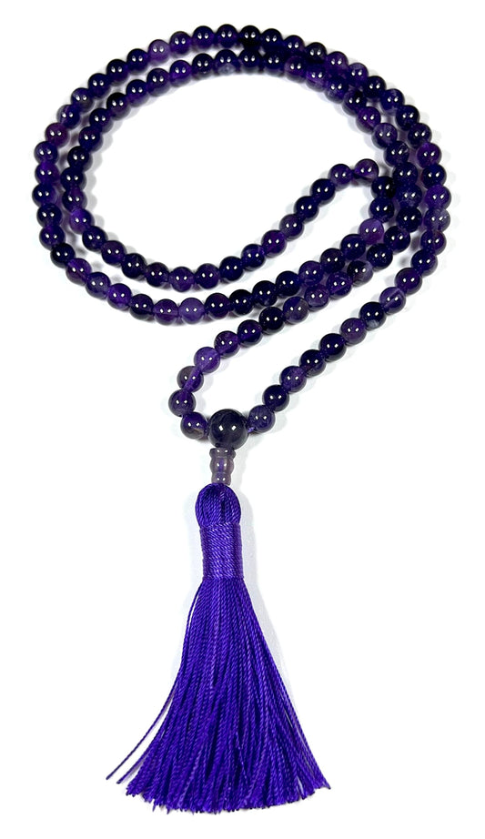 Handmade Amethyst Mala Beads Necklace - 6mm 108 Beads - Pisces Birthstone - Crown Chakra
