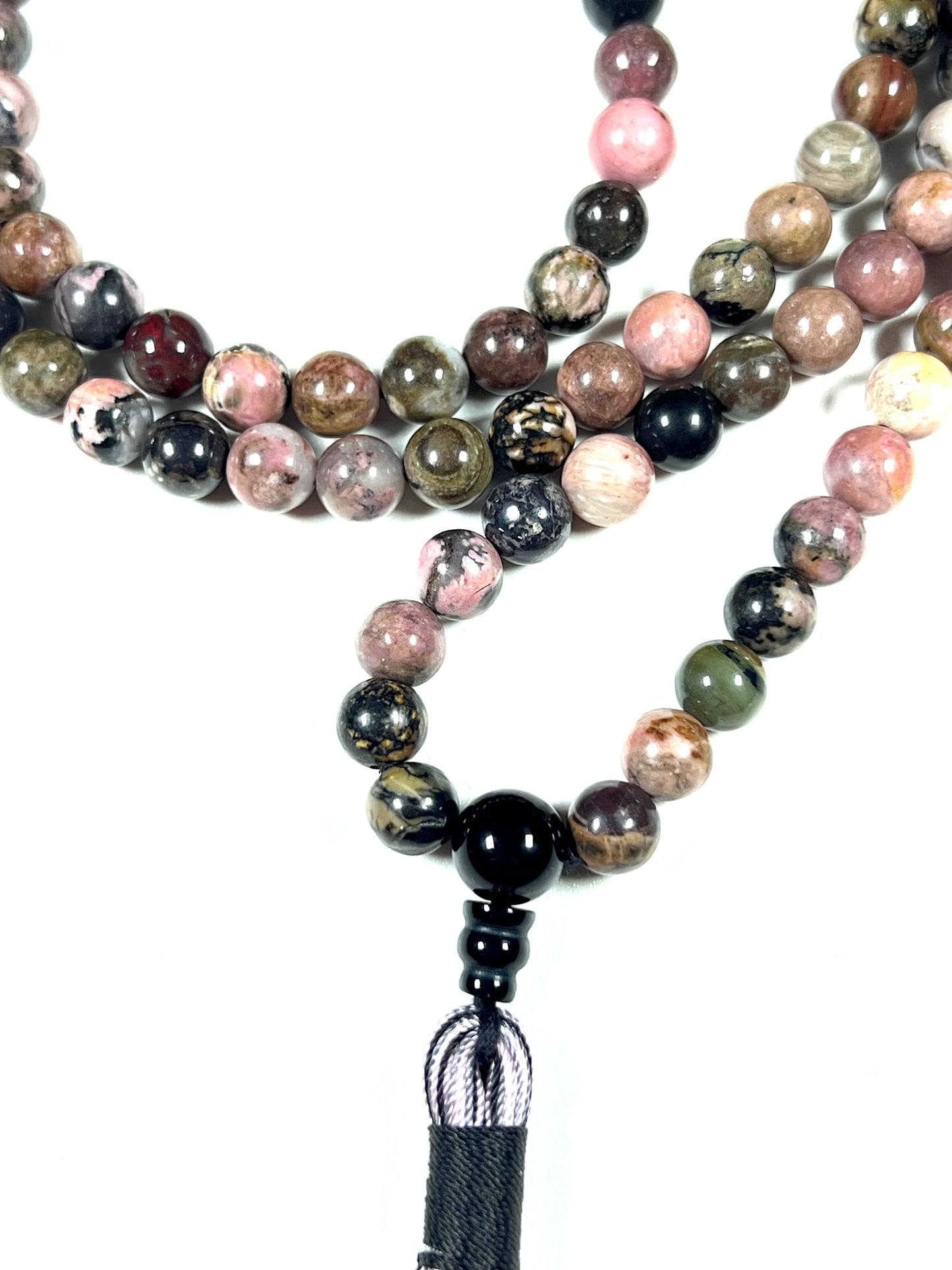 Rhodonite Mala Beads Necklace with Black Onyx Guru Bead – 108 Beads – 6mm & 8mm – Heart Chakra & Gemini Birthstone – Meditation Jewelry