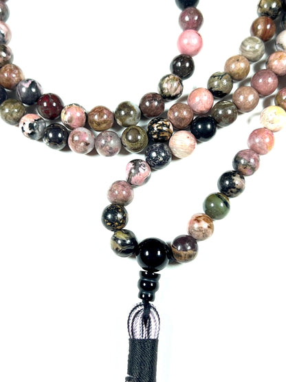 Rhodonite Mala Beads Necklace with Black Onyx Guru Bead – 108 Beads – 6mm & 8mm – Heart Chakra & Gemini Birthstone – Meditation Jewelry