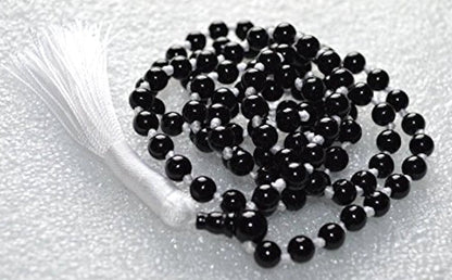 Black Tourmaline Mala Necklace color variations showing navy, grey, red and turquoise thread options