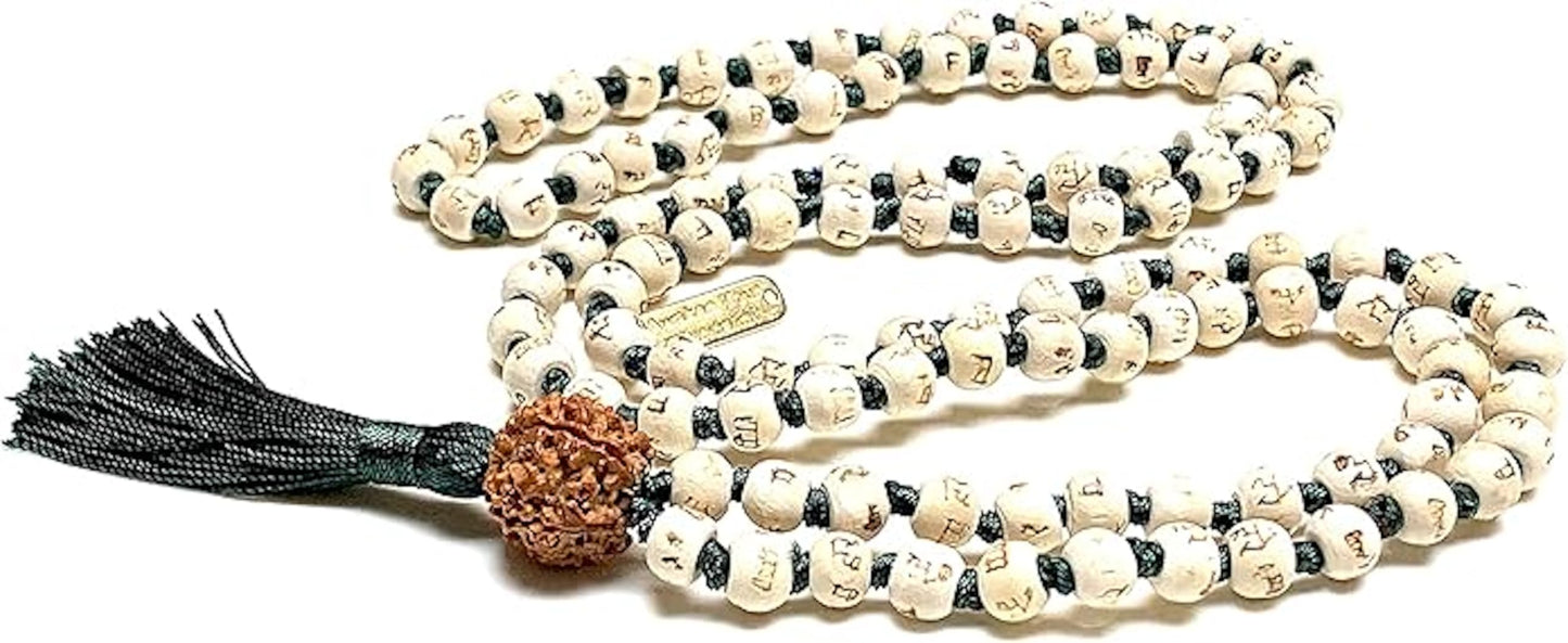 Tulsi Mala Beads Necklace w/ 5 Mukhi Rudraksha – 8mm Beads with "Ram" Inscription – Root Chakra & Aries Birthstone – Meditation Jewelry