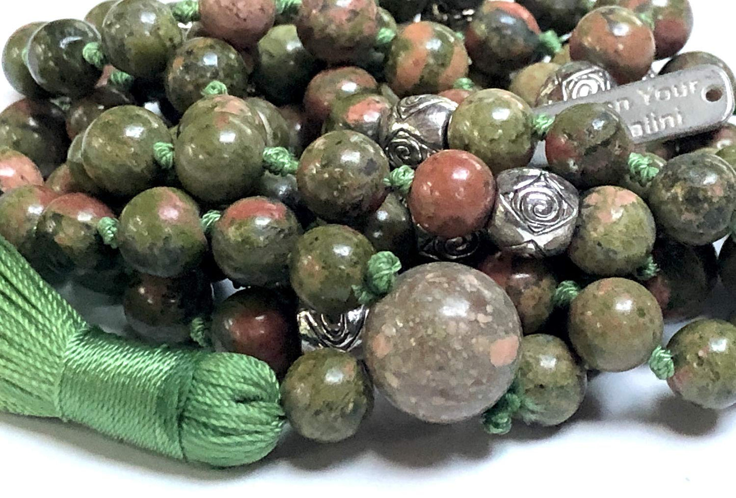 Hand Knotted Unakite Mala Necklace - 8mm, 108 Beads with Zinc Alloy Spacers - Scorpio & Virgo Birthstone - Heart Chakra