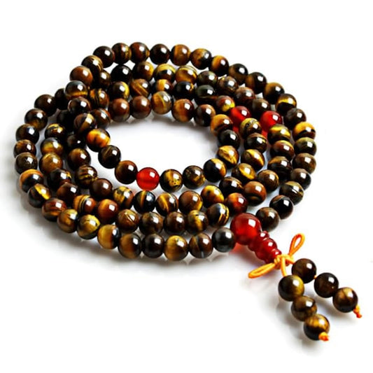 Handmade Tiger's Eye Mala Necklace (8mm, 108 Beads) - Leo & Aries Birthstone - Solar Plexus Chakra