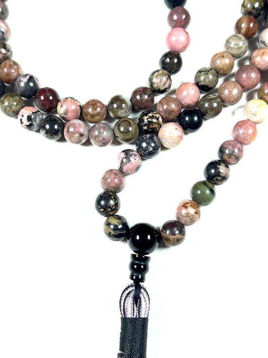 Rhodonite Mala Beads Necklace – 8mm, 108 Beads – Heart Chakra, Taurus & Libra Birthstone