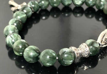 Seraphinite Stretch Bracelet with Choice of Alloy Silver Finish Mother Mary & Holy Cross or Lord Ganesha - Universal Birthstone - Heart & Crown Chakra