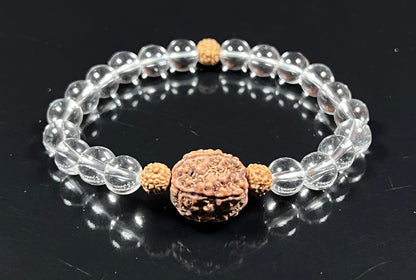5 Mukhi Rudraksha Rudraksh and Crystal Quartz Stretch Bracelet, Spiritual Healing Jewelry