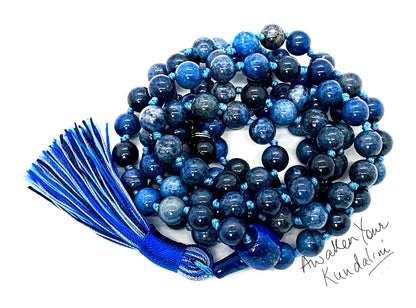 Hand Knotted Dumortierite Mala Necklace – 8mm | 108 Beads | Third Eye & Throat Chakras | September Birthstone Energy | Stone of Mental Clarity & Patience | Ethically Sourced