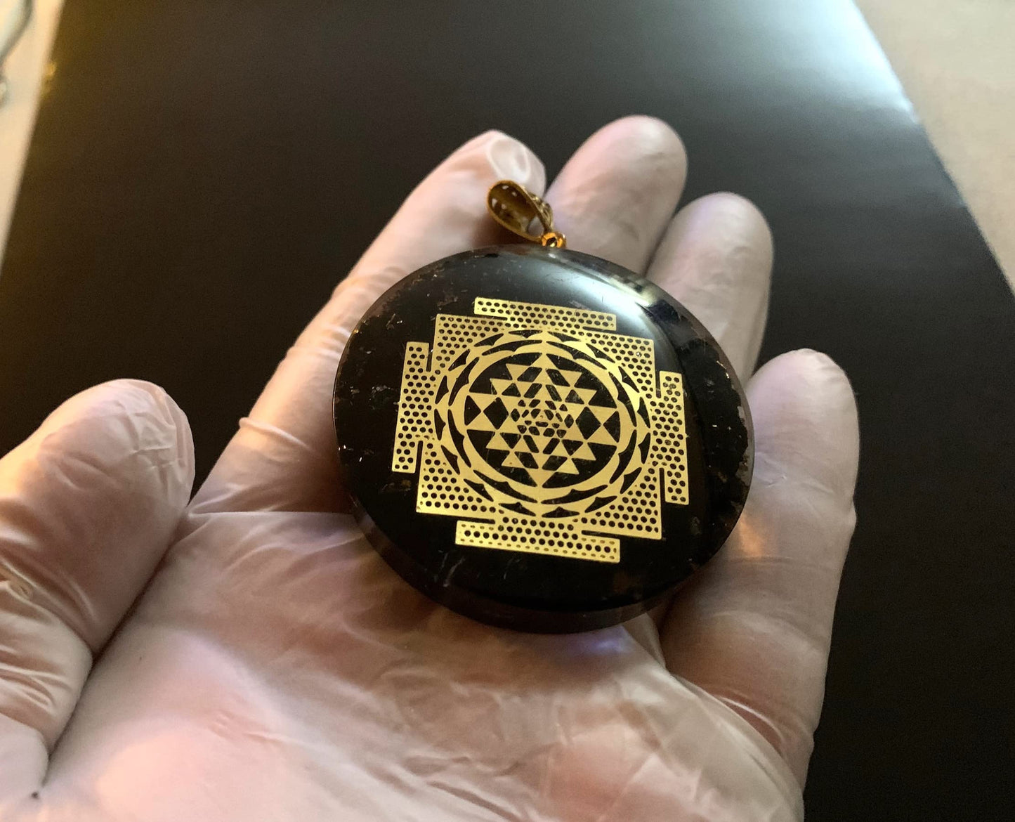 Shungite Sri Yantra Orgone Pendant Necklace, 2 Inch Diameter, Aquarius Gemstone, Root & Crown Chakra - Embrace Harmony: