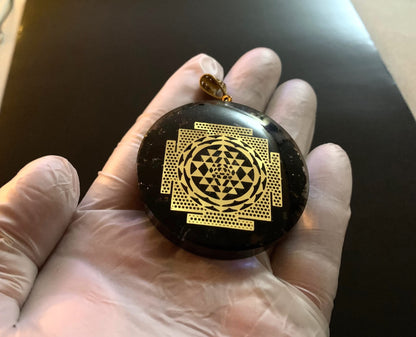 Shungite Sri Yantra Orgone Pendant Necklace, 2 Inch Diameter, Aquarius Gemstone, Root & Crown Chakra - Embrace Harmony: