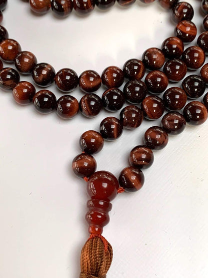 Tiger Eye Tiger's Eye Mala Beads Necklace 3rd Chakra Throat Chakra Healing Crystals 108 Prayer Beads - Grounding Integrity Will Power Intution Insomnia Libido Powerful (RED, Bead size 8 mm)