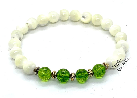 Peridot and Mother of Pearl Stretch Bracelet - August Birthstone for Leo and Virgo - Heart Chakra Jewelry