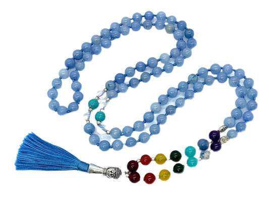 Energized 7 Chakra mala Hand Knotted 108 mala beads necklaces - Japa mala - Buddhist prayer beads - Meditation beads - Healing crystals for men women (Sky Blue Jade 5th chakra Throat chakra mala)