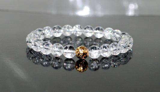 Himalayan Ice Crystal Quartz and Lava Beads Stretch Bracelet – Multi Tone Finish – Aries Birthstone – Universal Sun Sign - Crown Chakra Energy Bracelet