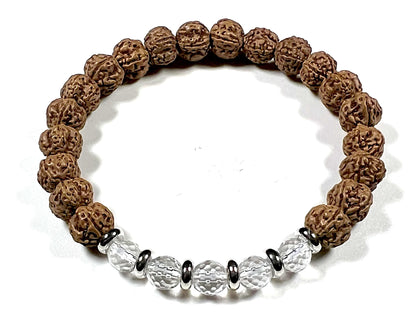 5 Mukhi Chikna Rudraksha Bracelet with Crystal Quartz | Stretch Beads for Balance & Clarity