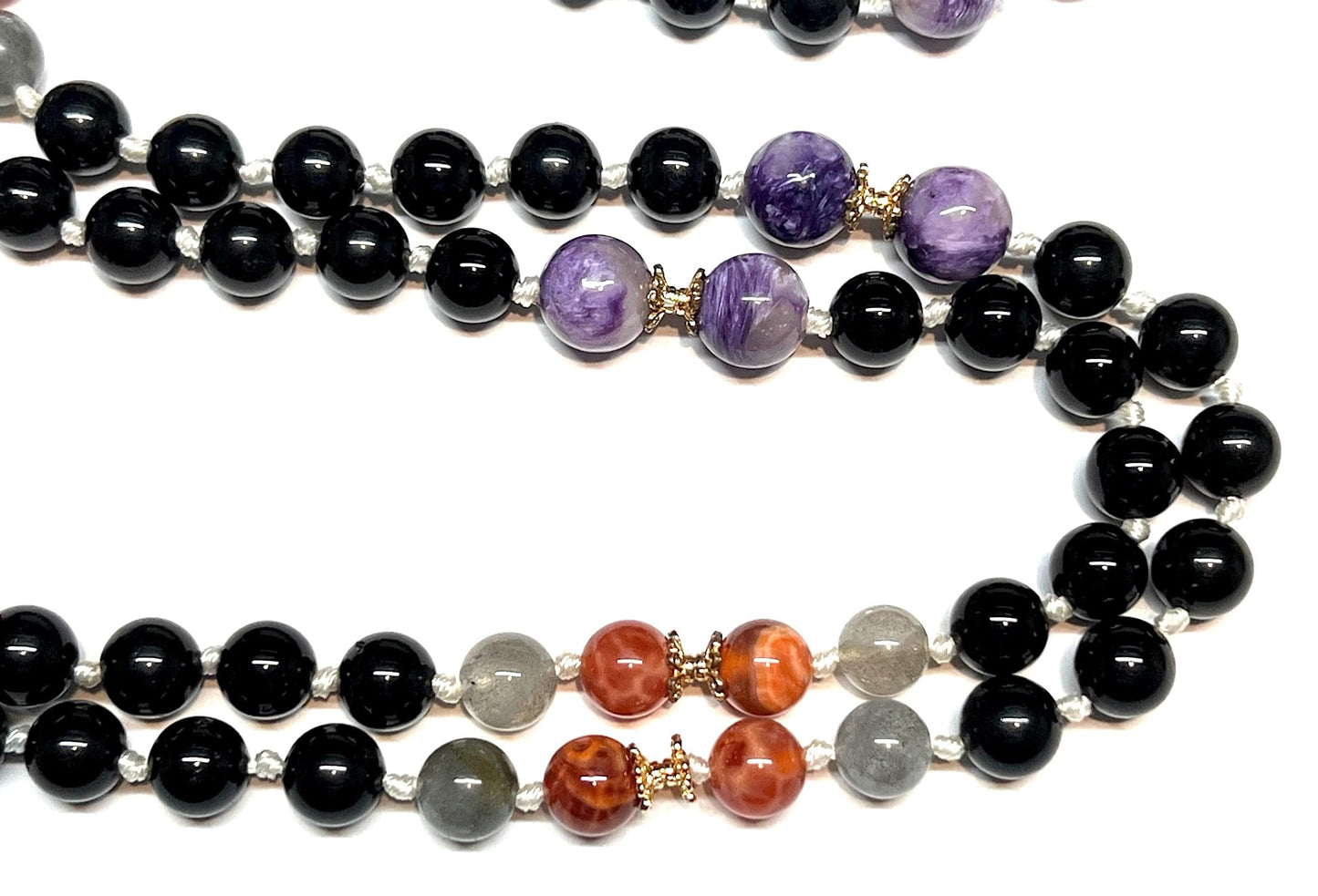 VESTA 108 Hand-Knotted Labradorite, Fire Agate, Tourmaline & Charoite Mala Necklace | Root & Sacral Chakra Healing | Leo, Scorpio & Capricorn Birthstone | Handmade in USA