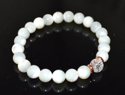 Mother of Pearl & Himalayan Ice Crystal Quartz Bracelet - Gemini & Cancer Birthstone - Heart & Crown Chakra Jewelry