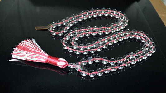 Hand Knotted Clear Crystal Quartz Mala Beads Necklace, 108 Beads, Birthstone for April, Taurus Sun Sign, Crown Chakra, Astrological Sign Aries