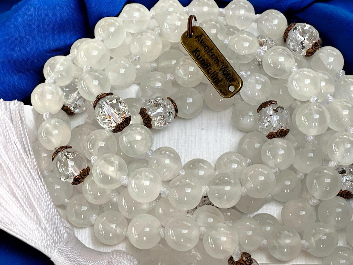 AAA Grade 8mm Genuine Natural Selenite & Nirvana Crystal Quartz, Gemstone Mala Bead Necklace, Soul Chakra, Crown Chakra, Jaap Japa, 108 Mala, Energized Mala Beads Necklace, Chakra Mala